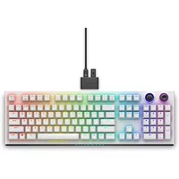 White Alienware Tri-Mode AW920K keyboard with RGB lighting, numeric keypad, dual dials, USB and wireless connectivity.
