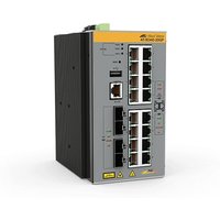 Allied Telesis AT-IE340-20GP-80 switch, gray with multiple Ethernet ports, black side panel, and orange top label.