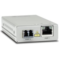 Gray Allied Telesis network media converter with two ports, labeled Port 1 and Port 2, featuring LED indicators.