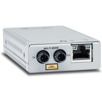 Gray Allied Telesis network media converter with ST connectors, Ethernet port, and ventilation slots.