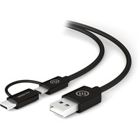 Black ALOGIC 1m USB 2.0 cable with USB-A, USB-C, and Micro USB-B connectors for charge and sync, male to male.