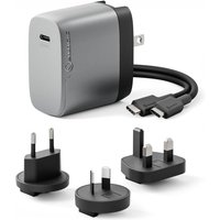 Gray ALOGIC 67W GaN charger with USB-C port, detachable cable, and three interchangeable international plug adapters.