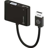 Black ALOGIC 2-in-1 DisplayPort to HDMI VGA Adapter with short cable, DisplayPort male, HDMI and VGA female ports.