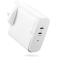 White ALOGIC 2X63 universal AC indoor charger with dual USB-C ports and compact design.