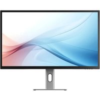 ALOGIC 32" 4K Ultra HD monitor, black frame, aluminum stand, displaying abstract blue and red wave design