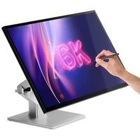 32-inch ALOGIC monitor with 6K resolution, slim black bezel, silver stand, and touch pen interaction.