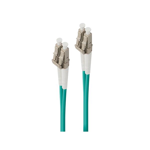 Green 5m LC-LC multi-mode duplex fibre cable with beige connectors, designed for 40G/100G performance, featuring LSZH material for low smoke emission.