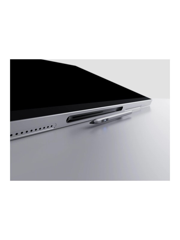 ALOGIC Aspekt 32-inch 4K UHD matte docking touch monitor in sleek silver, featuring a slim profile, side ports, and a stylus with a blue indicator light.