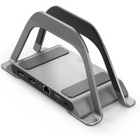Gray ALOGIC Bolt Plus USB-C Docking Station with vertical stand, multiple ports, and sleek metallic design.