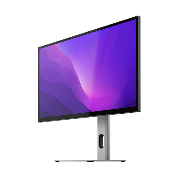 27-inch UHD 4K monitor with a sleek black bezel, an IPS panel, and a silver stand, featuring 8-in-1 hub connectivity and HDR600 support, designed for wall mounting.