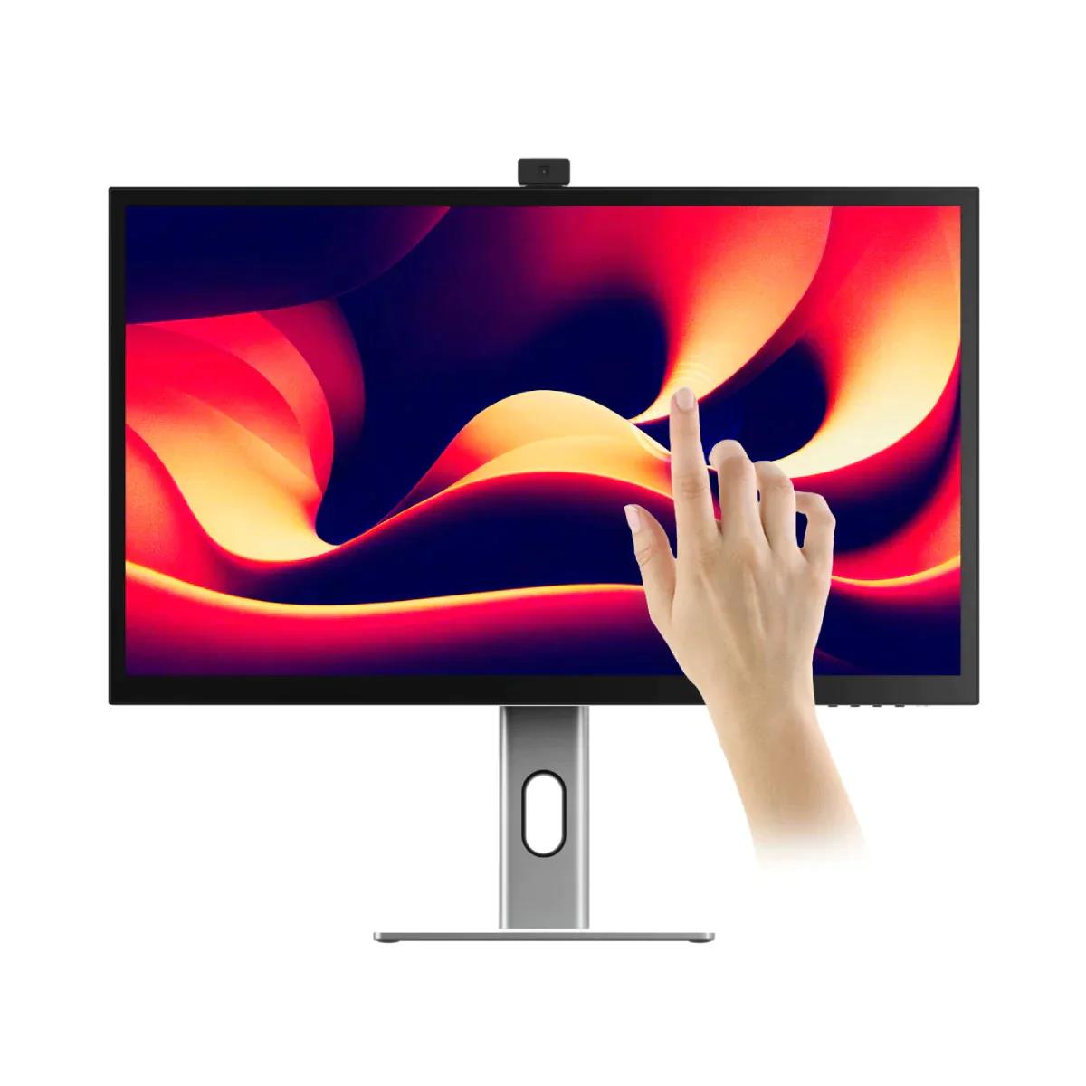27-inch 4K monitor with a sleek black frame, 10-point touchscreen capability, and an 8MP retractable webcam, showcasing vibrant abstract colors on the display.