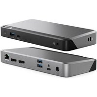 ALOGIC grey and black laptop dock with USB-C, USB 3.2 ports, HDMI, Ethernet, and audio jacks