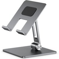 Silver ALOGIC Edge Adjustable Tablet Stand with dual hinges and non-slip pads on a sturdy base.