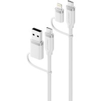 White ALOGIC 4-IN-1 USB 2.0 cable with silicone finish, featuring USB-A, USB-C, micro USB, and Lightning connectors.