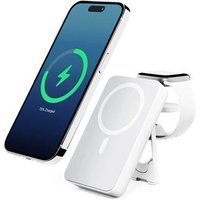 White ALOGIC Lift 4-in-1 MagSafe power bank with phone stand, circular charging pad, and smartwatch holder.