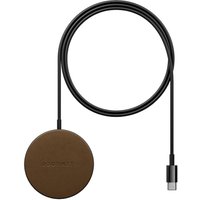 Brown ALOGIC wireless charger with round pad and attached black USB-C cable for smartphones and headsets.