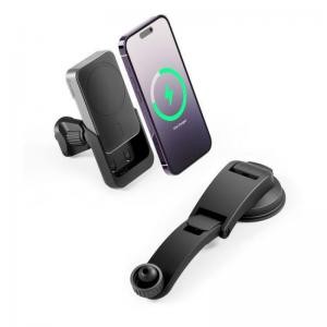 Black Alogic Matrix Universal Wireless Car Charger with a sleek design, featuring a 5000mAh capacity, adjustable mount, and a smartphone displaying a charging indicator.