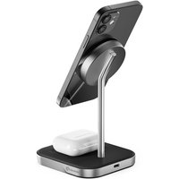 Black and silver ALOGIC wireless charger stand with smartphone and earbuds, sleek design, fast charging capability.