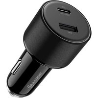 Black ALOGIC car charger with 1 USB-C and 1 USB-A port, sleek cylindrical design, and metallic accents.