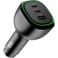Black ALOGIC 165W USB-C car charger with three ports, green LED trim, and sleek design.
