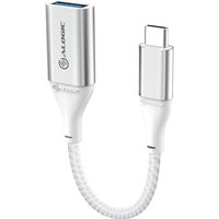 Silver ALOGIC USB-C to USB-A adapter, 15cm braided cable, sleek design with logo on the USB-A end.