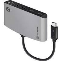 Space Grey ALOGIC ThunderBolt 3 Docking Station with 2 HDMI, 2 USB-A, Ethernet port, and attached USB-C cable.