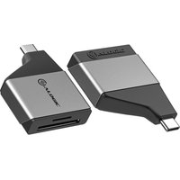 Compact silver and black ALOGIC USB-C adapter with slots for SD and Micro SD cards.