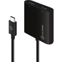 Black ALOGIC USB-C to Dual DisplayPort 2.0 Adapter with two DisplayPort ports and a USB-C connector.