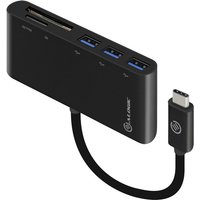 Black ALOGIC USB-C multi card reader with three USB ports and attached cable, compact rectangular design.