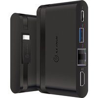 Black ALOGIC USB-C travel dock with HDMI, USB 3.0, Gigabit Ethernet, and USB-C PD 100W ports.