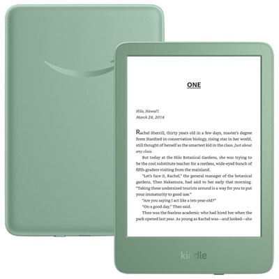 Light green Amazon Kindle e-reader with a sleek design, featuring a touchscreen display showing text on a page, ideal for reading e-books.