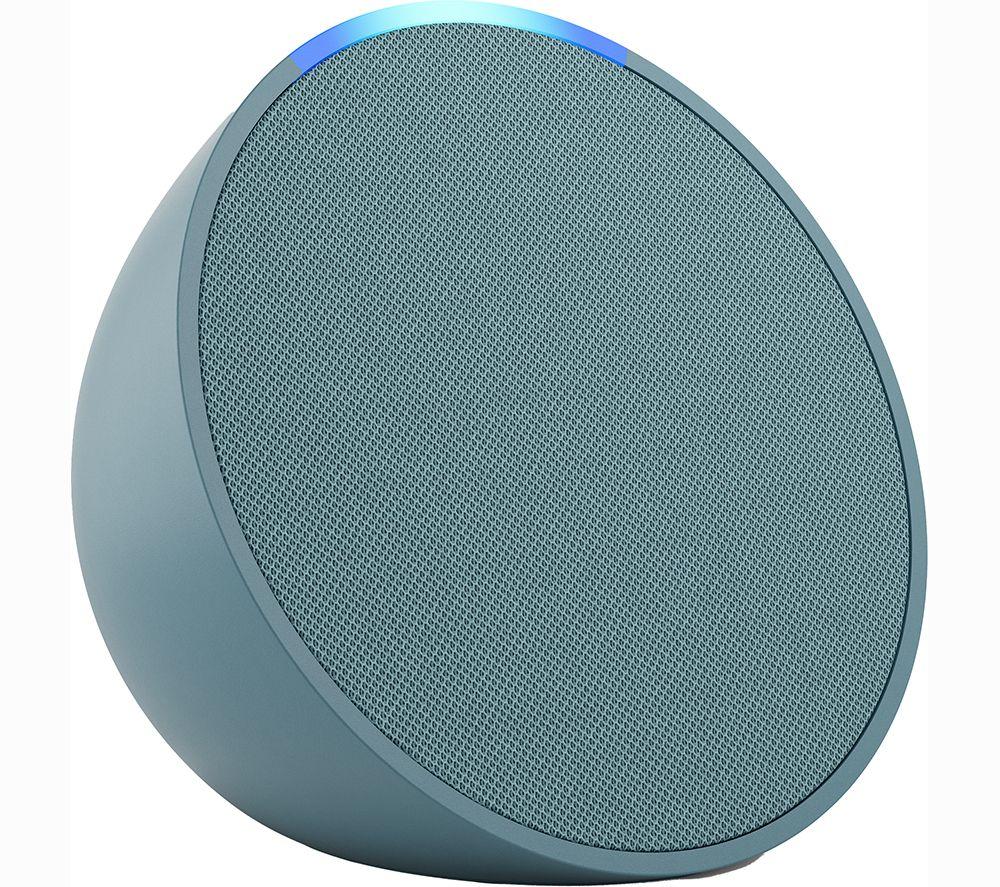 Midnight teal smart speaker with a rounded design, fabric mesh front, and a blue LED light ring on top, featuring a compact and modern aesthetic.