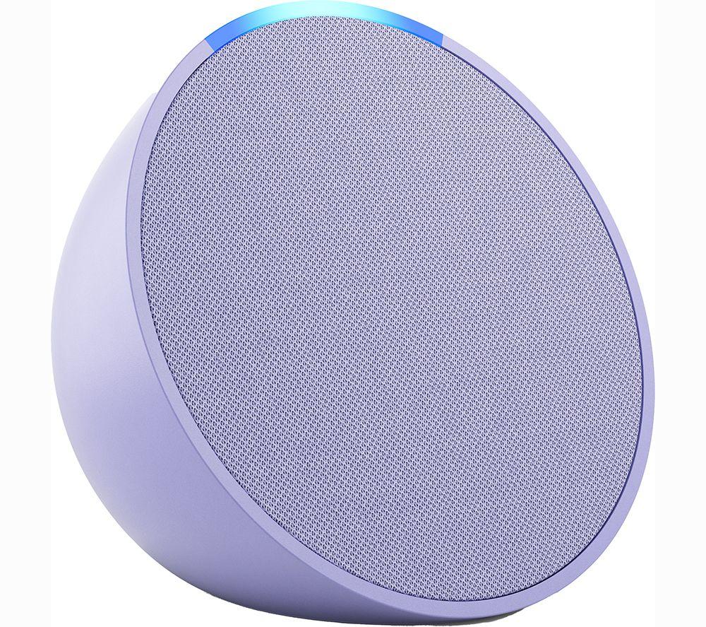 Lavender Bloom smart speaker with a rounded design, fabric speaker grille, and a blue LED light strip at the top, featuring Alexa voice assistant capabilities.