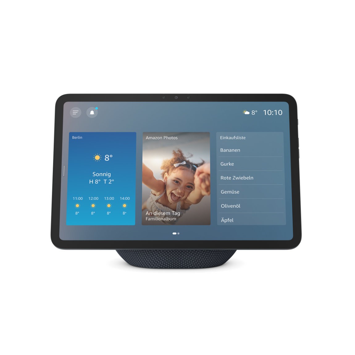 Smart display with an 11-inch screen, featuring a black fabric base, showing weather info and a photo on the screen, with a sleek design and touch controls.