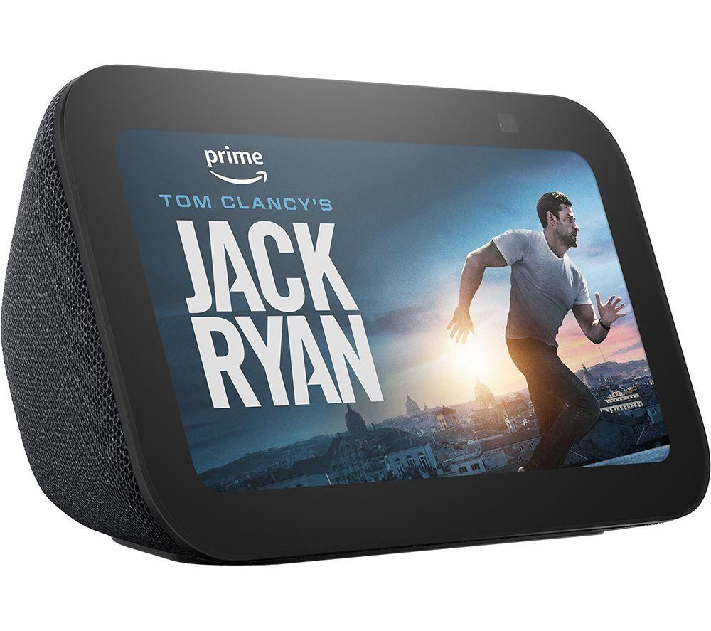 Smart display in charcoal fabric finish featuring a 5.5-inch screen showing "Tom Clancy's Jack Ryan," with built-in Alexa functionality and a compact design.