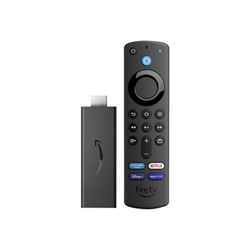 Black Amazon Fire TV Stick 2021 with HDMI connector, accompanied by a sleek black remote featuring a circular navigation button and dedicated app buttons for popular streaming services.
