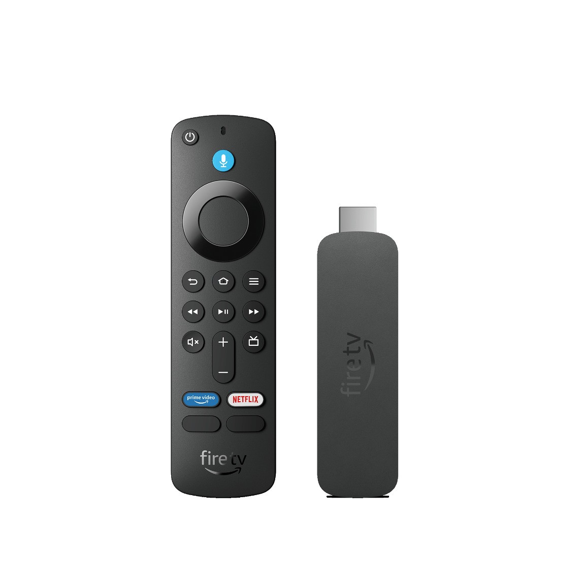 Black Amazon Fire TV Stick 4K with HDMI connector and a remote featuring voice control, playback buttons, and dedicated Netflix and Prime Video buttons.