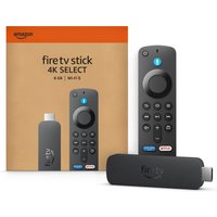 Black Amazon Fire TV Stick 4K with remote, Alexa button, and HDMI connector, next to packaging box.