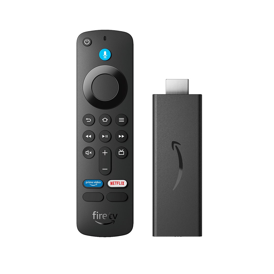 Black Amazon Fire TV Stick HD with an HDMI connector and a matching Alexa Voice Remote featuring buttons for playback, volume, and streaming services like Netflix and Prime Video.