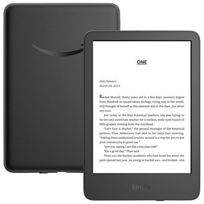 Black Amazon Kindle (11th Generation) e-book reader with a touchscreen display, featuring a sleek design and 16 GB of storage, showing text on the screen.