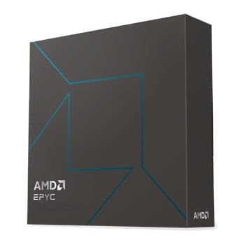 Black box with a sleek design featuring blue geometric lines and the AMD EPYC logo prominently displayed on the front, indicating a high-performance processor.