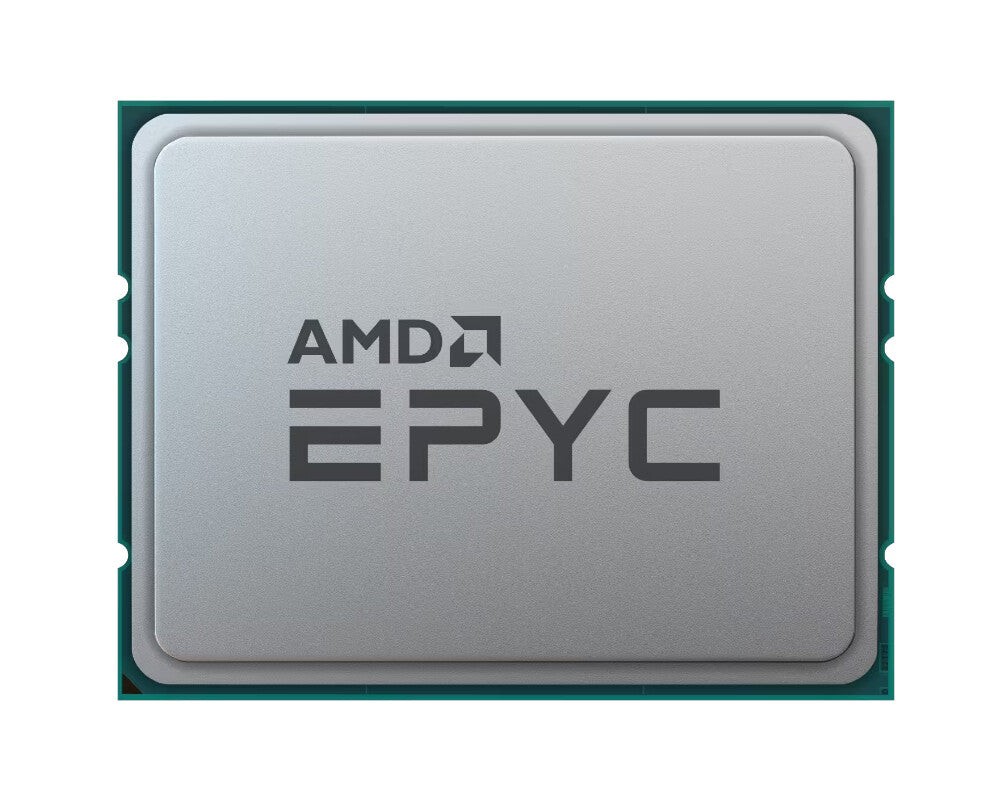 Silver rectangular processor with a green base, featuring the AMD logo and "EPYC" text prominently displayed on the top surface.