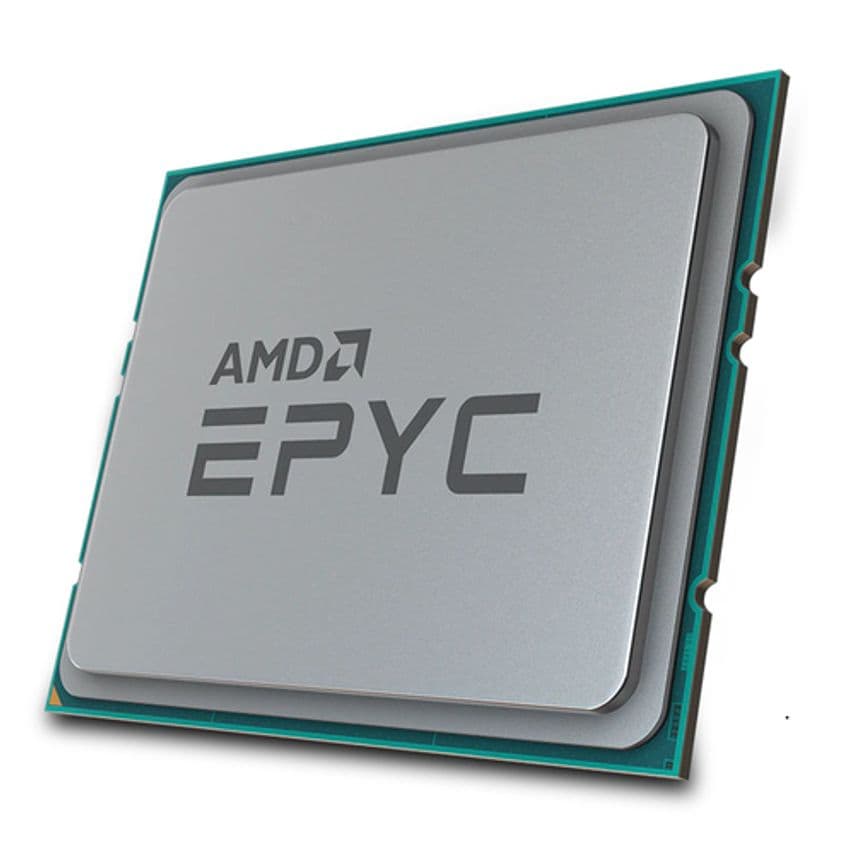 Silver rectangular processor with "AMD EPYC" logo prominently displayed, featuring a teal base and smooth metallic surface, indicating high-performance computing capabilities.
