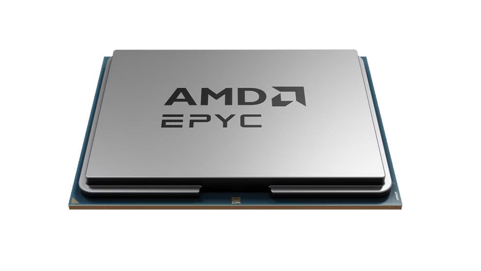 Silver AMD EPYC processor with a sleek design, featuring the AMD logo and "EPYC" text, mounted on a blue circuit board.