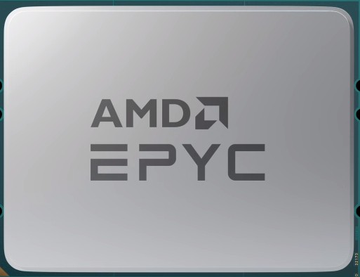 Silver AMD EPYC 9354P processor with a sleek metallic finish, featuring the AMD logo and "EPYC" prominently displayed in bold black lettering.