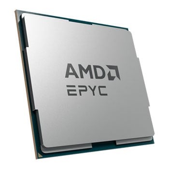 Silver square processor with "AMD EPYC" logo, featuring a green base and metallic finish, indicating a 3.55 GHz speed and 256 MB L3 cache.