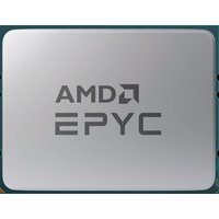 Silver AMD EPYC 9374F processor with engraved logo, rectangular shape, and visible pins on the underside.