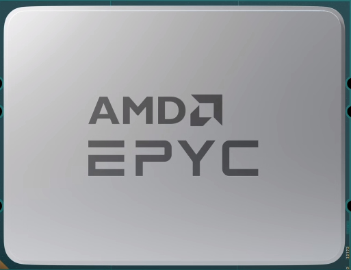 Silver AMD EPYC 9454P processor with a sleek metallic finish, featuring the AMD logo and "EPYC" prominently displayed on the surface.