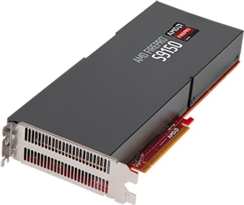 Black graphics card with a sleek design, featuring the AMD FirePro logo, 16 GB GDDR5 memory, and a metallic backplate with a red PCIe connector.