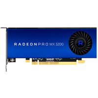 Blue AMD Radeon Pro WX 3200 graphics card with black cooling fan and PCIe connector.